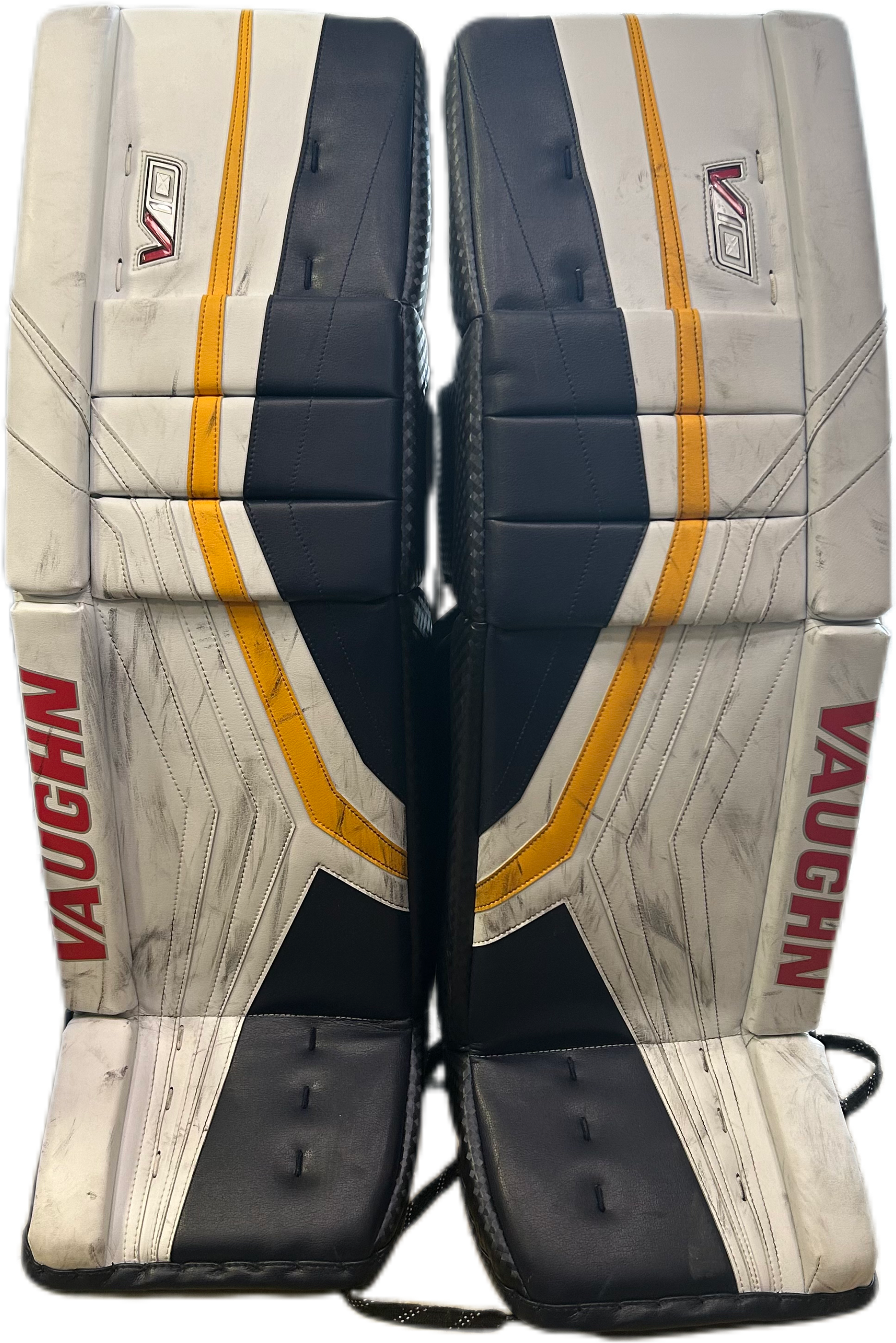 Vaughn Velocity V10 - Jambières de gardien de but Pro Stock d'occasion (blanc/bleu marine/jaune)